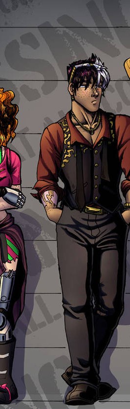 Cyrus Novastar — dark hair with white streak, red jacket